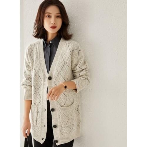 2021 autumn/winter 100% Wool Sweater Cardigan Womens mid-length cardigan loose large size Ladies knitted Cashmere sweater coat