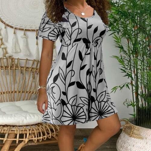 Print O Neck Short Sleeve High Waist Dress Women Casual Loose Streetwear Folds Oversized Above Knee Vintage Mini Dresses
