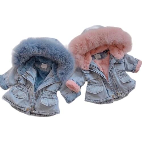 Winter Baby Girl Fur Collar Coat Plus Fur Warm Toddler Girl Outerwear Plush Denim Jacket Cotton 1-5 Years Kids Infant Girl Parka