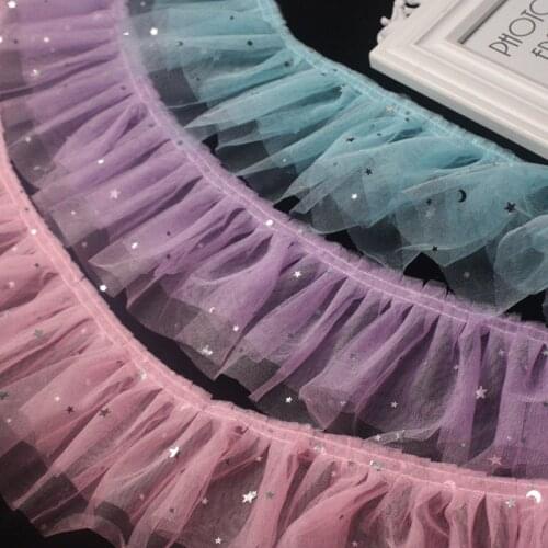 20Meters/Lot 12CM Wide Pink Blue Violet Tulle Lace Trim With Glitter Stars 2-Layer Ruffle Lace DIY Curtain Garment Tassel