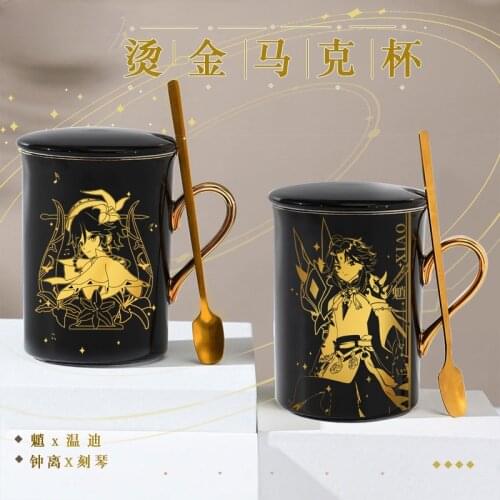 Anime Genshin Impact Paimon Xiao Keqing Zhongli Hu Tao Ceramic Coffee Water Mug Cup Gold Stamping Women Men Spoon + Cup + Lid