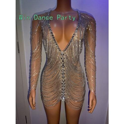 Bright Rhinestones Long Sleeves Mesh Sexy Stones Leggings Stage Performance Wear One Piece Costume Dress
