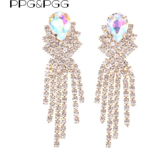 PPG&PGG Bohemian Wedding Crystal Chain Tassel Maxi Statement Earrings Women Cheap Good Quality Drop Dangle Earrings Jewelry