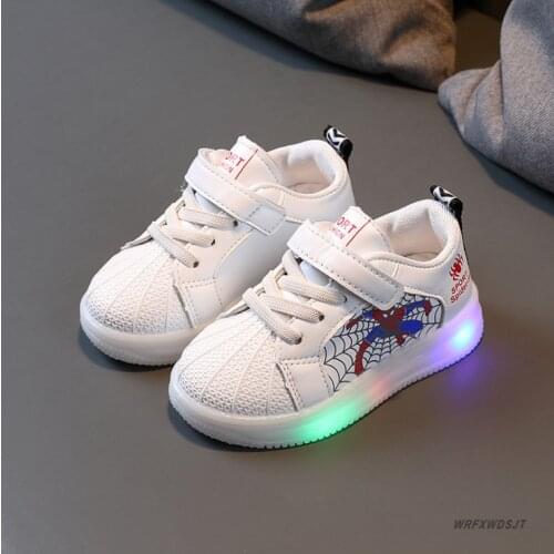 Children boys spiderman LED Sneakers Kids cartoon Sports Light Shoes boy PU Casual Boots Rubber Button sport shoes