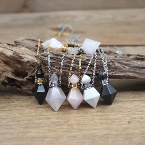 Pyramids Shape Perfume Bottle Pendants Obsidian Turquoises Agates Essential Oil Vial Charms Chains Fashion Women Jewelry QC1095