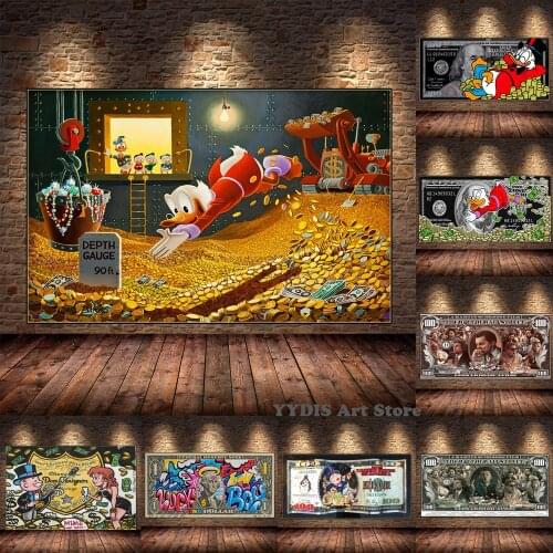 Graffiti Art Money Dollar Canvas Painting Disney Donald Duck Catoon Poster and Prints Wall Street Art Picture Living Room Decor