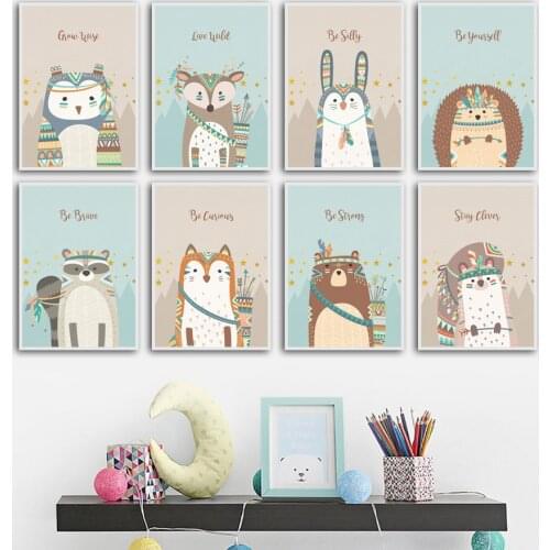 Woodland Deer Raccoon Fox Bear Owl Nordic Posters And Prints Nursery Wall Art Canvas Painting Wall Pictures Baby kids Room Decor