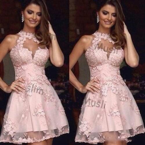 Fashion Pink Lace Homecoming Dresses 2021 Sexy Keyhole Neck Appliques Women Night Evening Party Dress Cheap Petite Prom Dresses