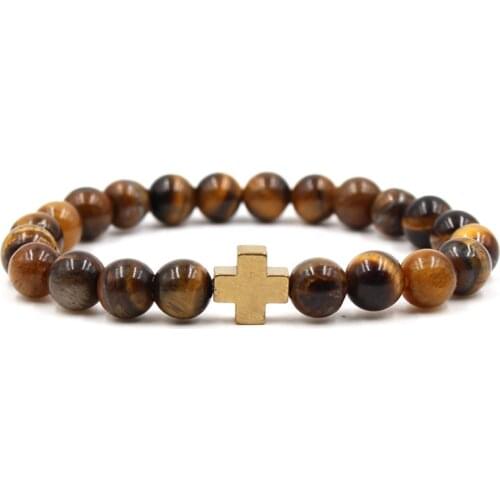 Trendy Noble Tiger Eye Stone 8mm Beads Bracelet 4 color Cross Bracelets for Women and Men Classic Jewelry Pulseras Charm Gift