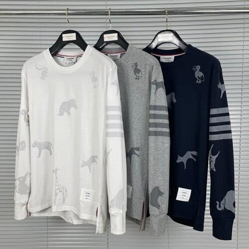 2021 Fashion TB THOM Brand T-Shirt Men Slim Long Sleeve Casual Clothing Animal Pattern Spring Autumn O-neck Cotton Shirts