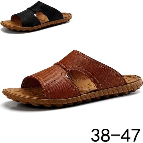 Men Genuine Leather Handmade Slides Summer Soft Comfortable Flat Slippers Outdoor Sleepers News 2020 Chinelo Slide Masculino