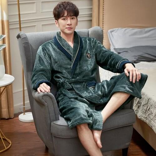Mens Long Bath Robe Warm Super Soft Flannel Coral Fleece Mens Kimono Bathrobe Male Dressing Gown Robes Pijamas Hombre