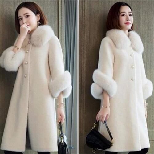 New Fashion Imitation Fur Coat Mid-length Coat Women Coat Faux Fox Fur Collar Faux Sheep Shearing Particles Loose Large Size