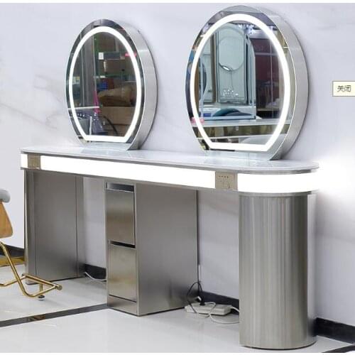 The new wireless charging mirror table special hot-dyed stainless steel imitation marble table for hair salons hair salon