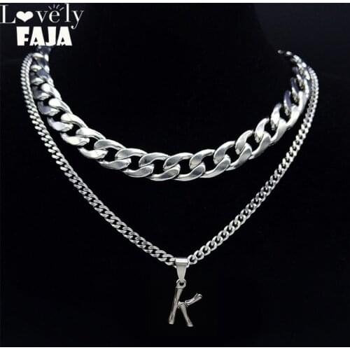 2PCS Fashion Letter K Stainless Steel Punk Layered Necklaces Choker for Men/Women Silver Color Jewelry Choker Punk NK75S03