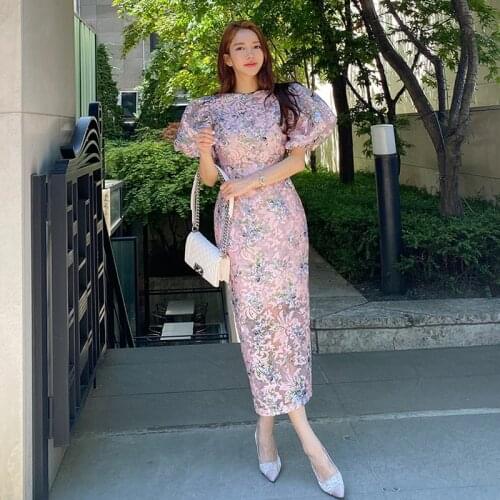 Fashion Summer Casual Midi Streetwear Dress Ladies Elegant Vintage Puff Sleeve Sweet Floral Print Split Beach Vacation Dress