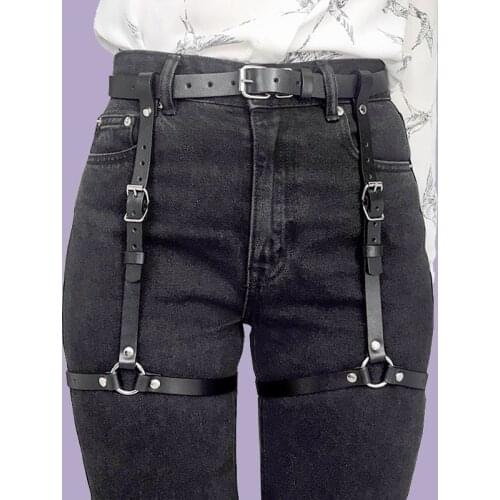 Punk Black Leather Sword Belt Waist Garter Handmade Body Bondage Sexy Leg Suspenders Harness Stockings Belts For Women