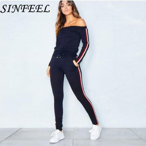 SINFEEL Women 2 Piece Set Top and Pants Casual Woman Set Gray Off Shoulder Slash Neck Two Piece Set Outfits Tracksuit Clothes