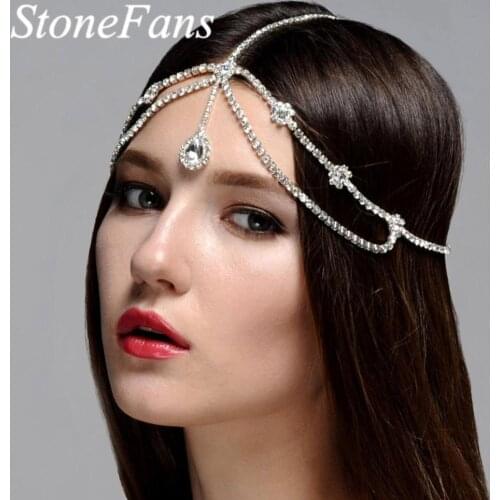StoneFans Crystal Fashion Gold Bridal Hair Chain Jewelry Accessories Water Drop Flower Chain Rhinestone Headpiece for Wedding