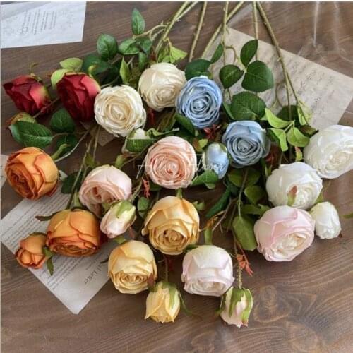 Three Heads Silk Rose Flower Branches Simulation Romantic Roses for Wedding Home Decorative Artificial Flowers