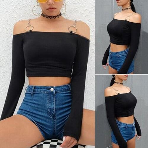 Women Black Long Sleeve T Shirt Knitted Slash Neck Cropped T Shirt Iron Chain Streetwear T Shirt Crop Tops
