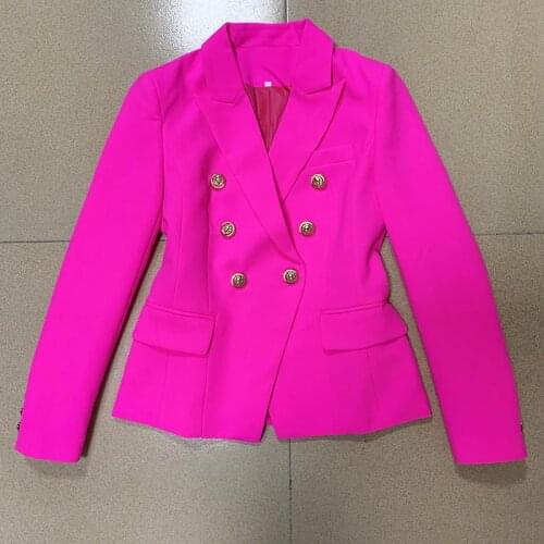 HIGH QUALITY 2021 Stylish Designer Blazer Womens Classic Double Breasted Lion Buttons Slim Fitting Blazer Jacket Hot Pink