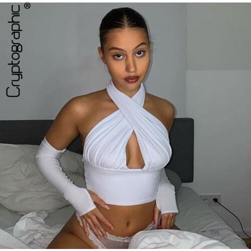 Cryptographic Halter Hot Sexy Wrap Crop Tops with Sleeve Women Elegant Fashion Backless Cut-Out Cropped Feminino Top Streetwear
