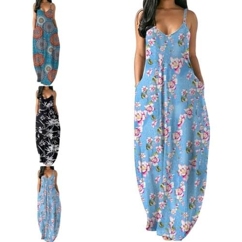 Women Summer Spaghetti Strap Sexy Deep V-Neck Maxi Long Dress Bohemian Floral Print Casual Loose Strappy Beach Cami with