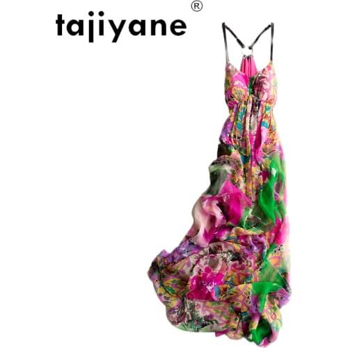 Tajiyane Women 100% Real Silk Dress Boho Summer Beach Floral Dresses Woman Long Slim Sleeveless Print Vestidos Robe Longue HLY38
