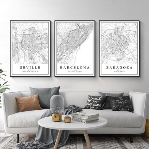 Canvas Painting Mural Printmaking Home Interior Decoration Spain City Map Barcelona Madrid Malaga Seville Valencia Zaragoza Post