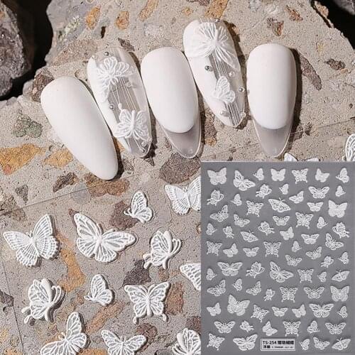 1pc White 5D Acrylic Engraved Flower Nail Sticker Embossed Lace Butterfly Decals Sliders Japanese Nail Art Decoration Tip