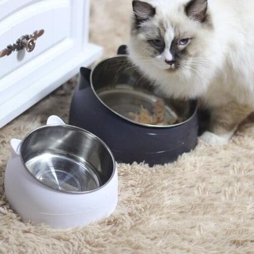 15 Degrees Tilted Stainless Steel Cat Bowl Non-slip Base Puppy Cats Food Drink Water Feeder Neck Protection Dish Pet Bowl 2021