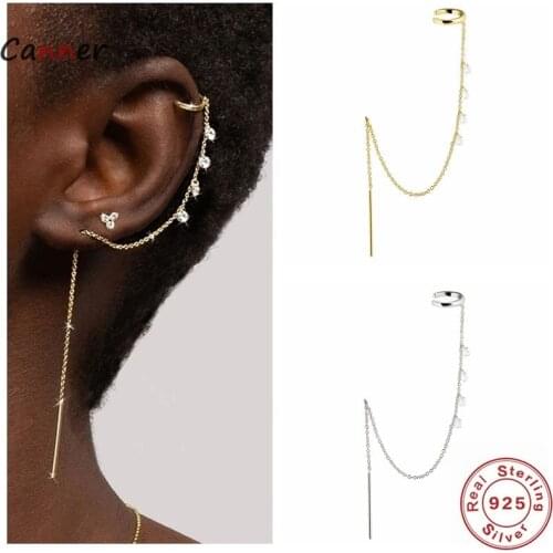 Canner 925 Sterling Silver Bling Shiny Diamond Zircon Long Tassel Chain Cuff Earring For Women Girl Ear Clip Jewelry Accessories