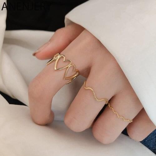 ANENJERY 925 Sterling Silver Hollow Heart-shaped Gold Color Opening Ring Exquisite Simple Ring Womens Banquet Jewelry S-R905