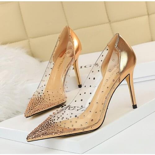 BIGTREE 2020 Fashion Golden Rhinestone PVC Transparent Women Pumps Autumn High Heels Sexy Party Wedding shoes Size 40