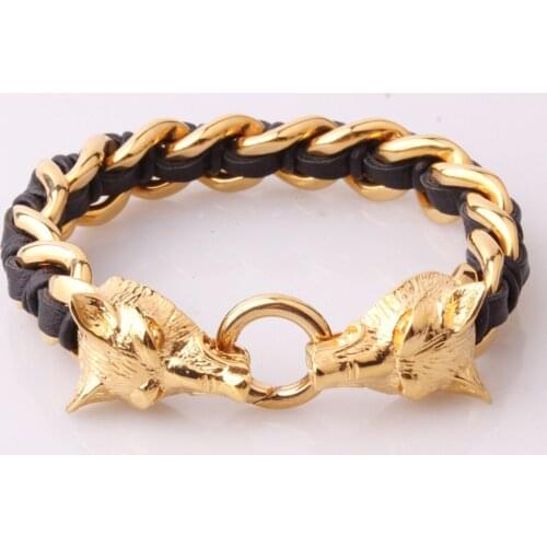 Granny Chic Promotion Double Wolf Head Animal Silver Color Bracelet High Quality Stainless Steel Men Jewelry Party Gift