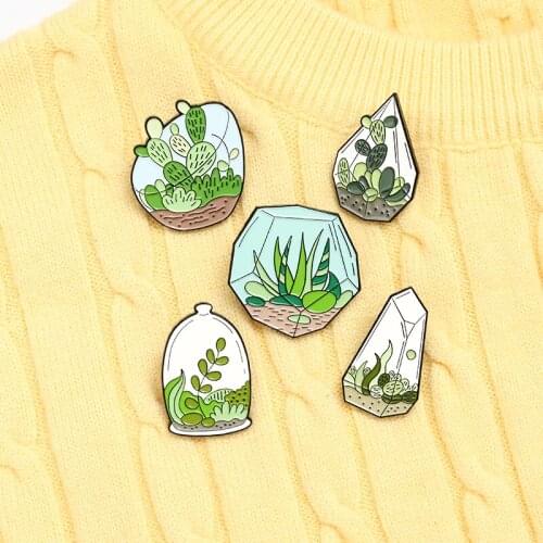 Terrarium Cactus Aloe Brooches Potted Plant Enamel Pins Custom Bag Clothes Lapel Pin Small fresh Badge Jewelry Gift for Friends
