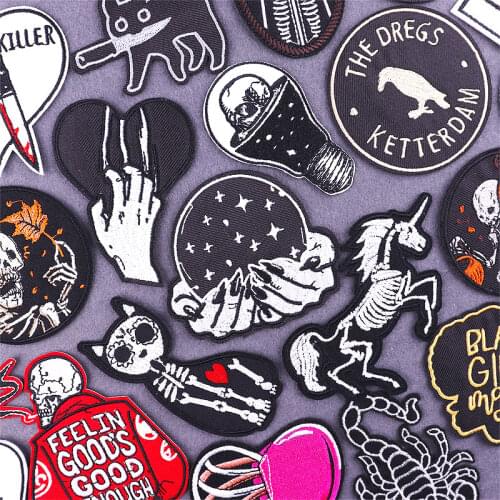 Black Punk Skull Heart Dollar Embroidery Patches For Clothing Thermoadhesive Patch Rock Cat Knife Letter Stickers Iron on Patch
