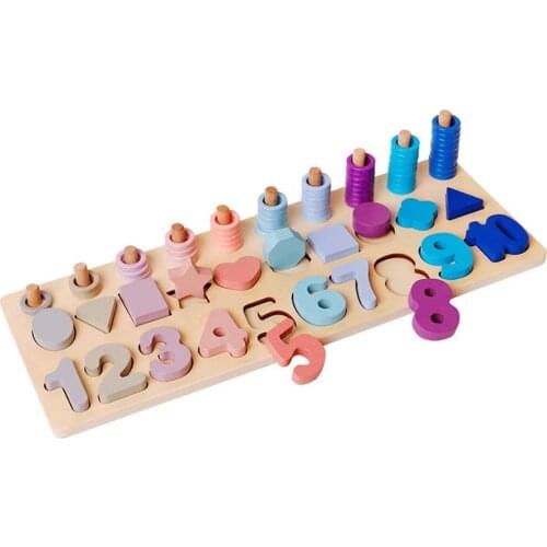 Montessori Wooden Math Toys 3D Wood Count Geometric Shape Color Cognition Matching Puzzle Games Teaching Educational Children