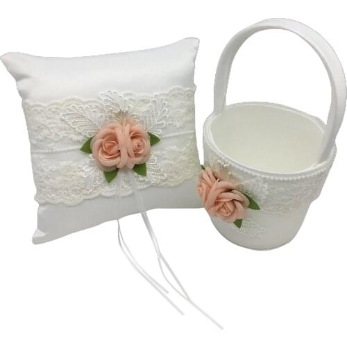 Romantic Wedding Ring Bearer Pillow Cushion and Flower Girl Basket Set Elegant Satin Ribbon Bow Ring Holder Cushion Decor