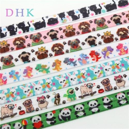 DHK 5/8'' 5yards animals dog cat printed Fold Elastic FOE stretch ribbon hairbow headwear headband DIY OEM C1660