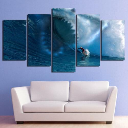 5 Pcs Abstract Waves Shark Surfing Extreme Canvas Pictures Print Wall Art Canvas Paintings Wall Decor for Living Room Unframe