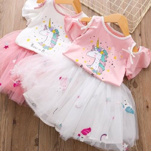 2021 Summer Princess Unicorn Clothes Girls Dress 2pcs Unicorn Sets Unicorn Tops + Lace Ball Gown Kids Dresses for Girls Clothing