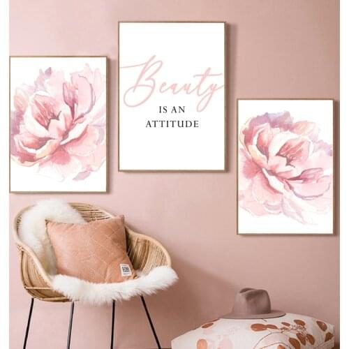 Beauty Quotes Art Print Blush Pink Flower Watercolor Paintings Canvas Poster Fashion Wall Art Pictures Girls Bedroom Home Decor