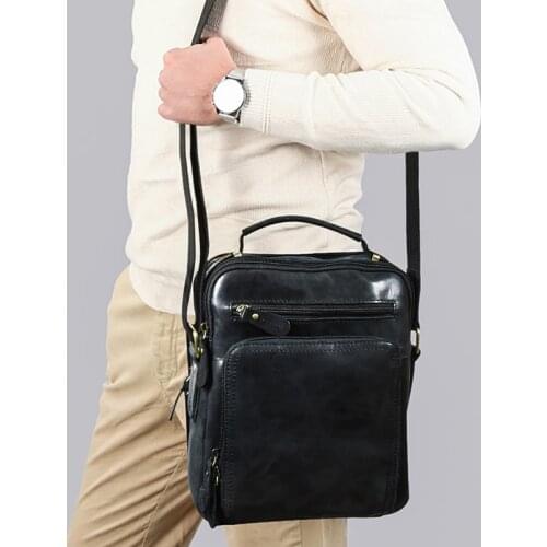 Luufan Genuine Leather Shoulder Bag For Man Cowhide Double Zipper Pocket Multifunctional Messenger Bag Vintage Man Handbag Black