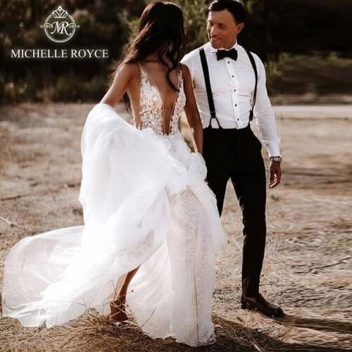 Michelle Royce A-Ling Wedding Dresses 2020 Sexy Deep V-neck Sleeveless Appliques Chapel Train Bridal Gowns Vestido De Noiva