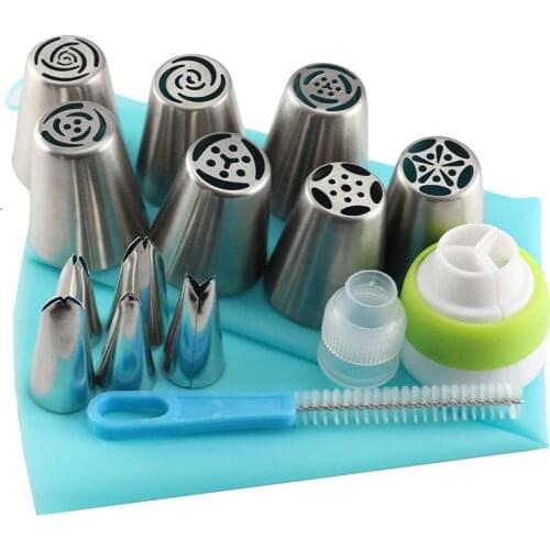 Mujiang 16Pcs/Set Russian Icing Piping Tips 1 Pcs Silicone Bag 2 Coupler Leaf Nozzles Brush Cupcake Cake Decorating DIY Dessert