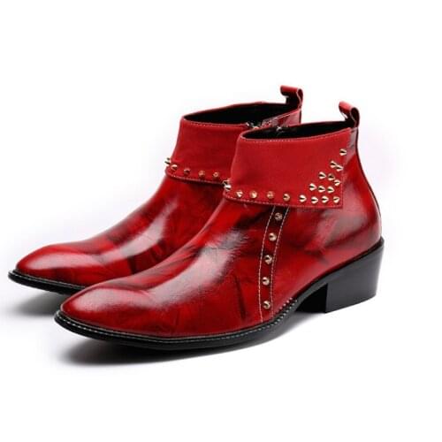 England Style Men Red Grenuine Leather Ankle Boots Men Pointed Toes Red Leather Color Rivet Side Zipper High Top Boots
