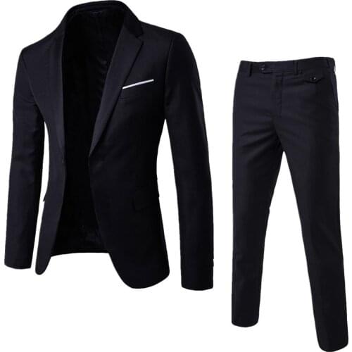 New Men Business Leisure One Button Solid Color Skinny Formal Flat Two-Piece Fit Suits For Men with pants Groom Suit set