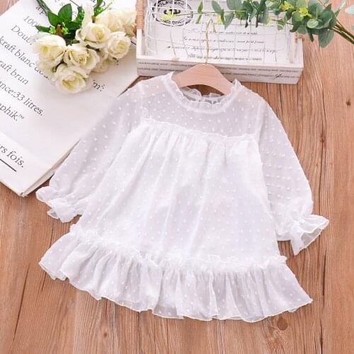 Girls Cute White Princess Dresses Spring Summer Kids Long Puff Sleeve Solid Lace Dress Children Fashion Casual Clothing vestidos